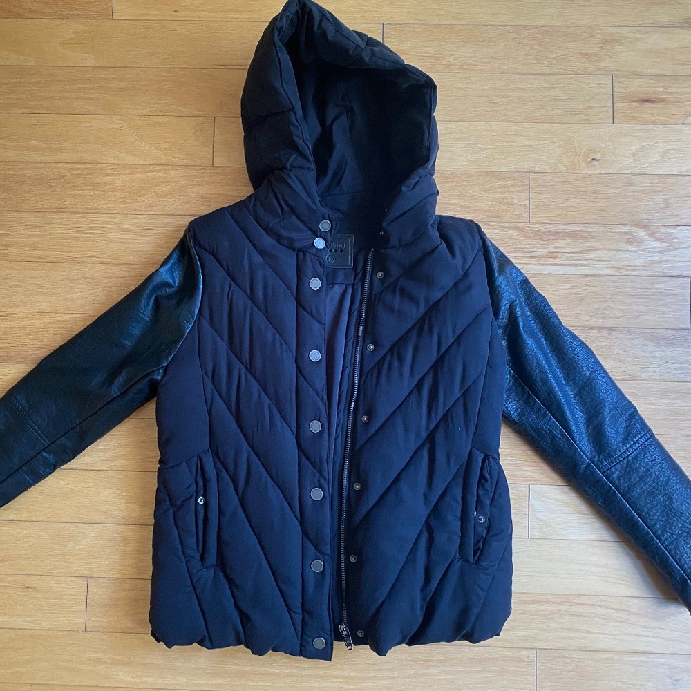 Black Puffy Women's Bomber Jacket with Faux Leather Sleeves